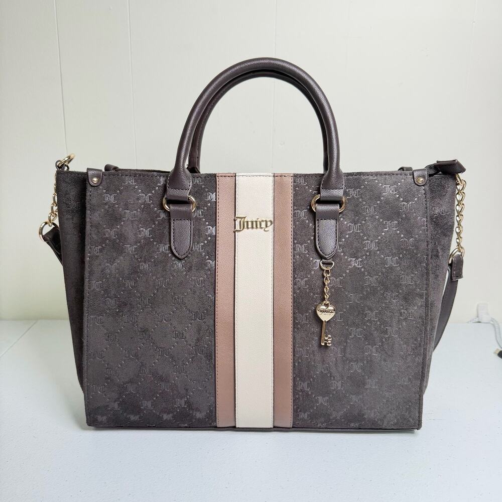 Juicy Couture Logo Tote Bag Grey Brown Heart Key Charm Gold Hardware